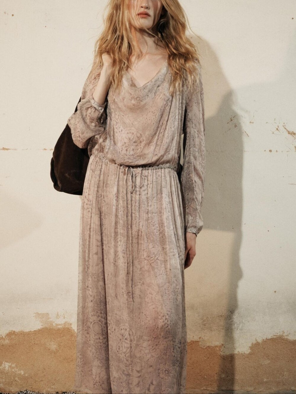 Zara Light Beige Printed Long Sleeve Wrap Dress